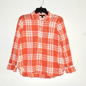 J.Crew Plaid‎ Button-Down Shirt – Size 0P, Orange/White with Aqua Accents